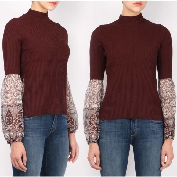 VERONICA BEARD MOON MIXED MEDIA RIBBED MOCK NECK SWEATER BLOUSE WOMEN SIZE M - Picture 4 of 14